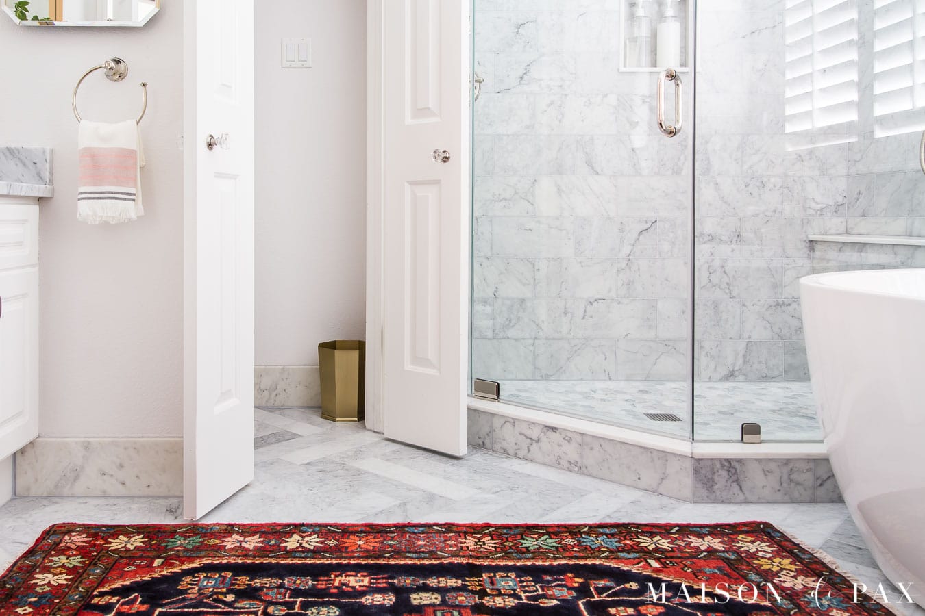 marble floors and marble baseboards in master bath | Maison de Pax