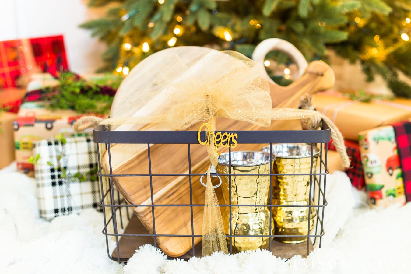 gift basket with cutting boards, cups, and bottle opener | Maison de Pax