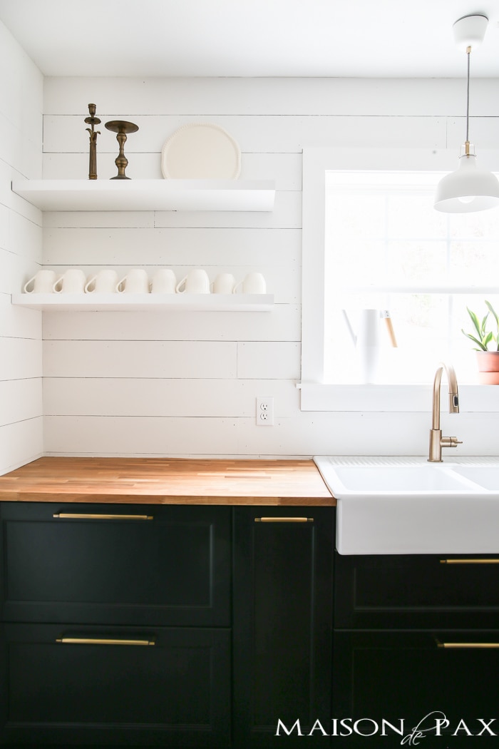 White shelfs and wood block countertops- Maison de Pax