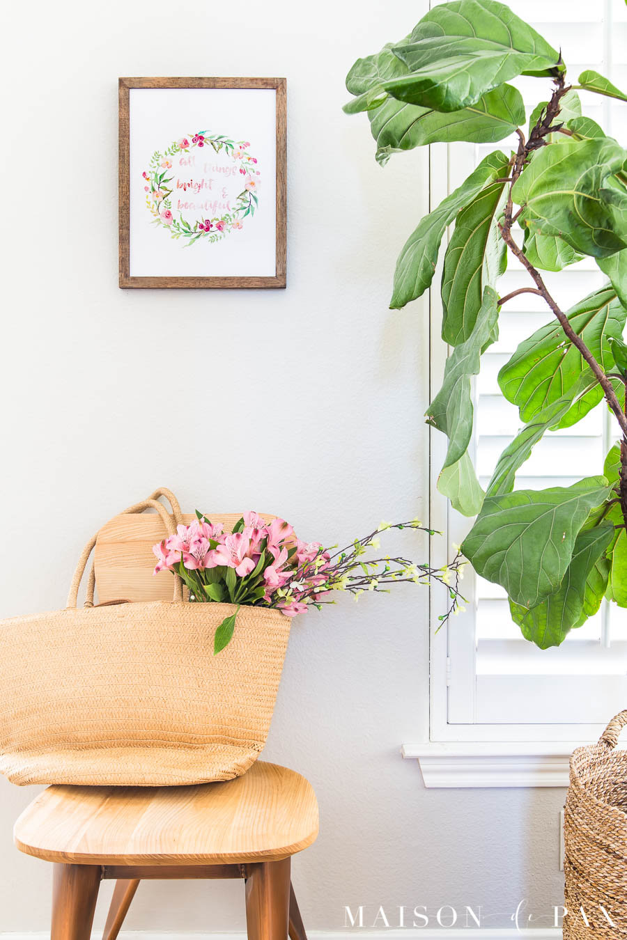 fiddle leaf fig and watercolor spring wall art | Maison de Pax