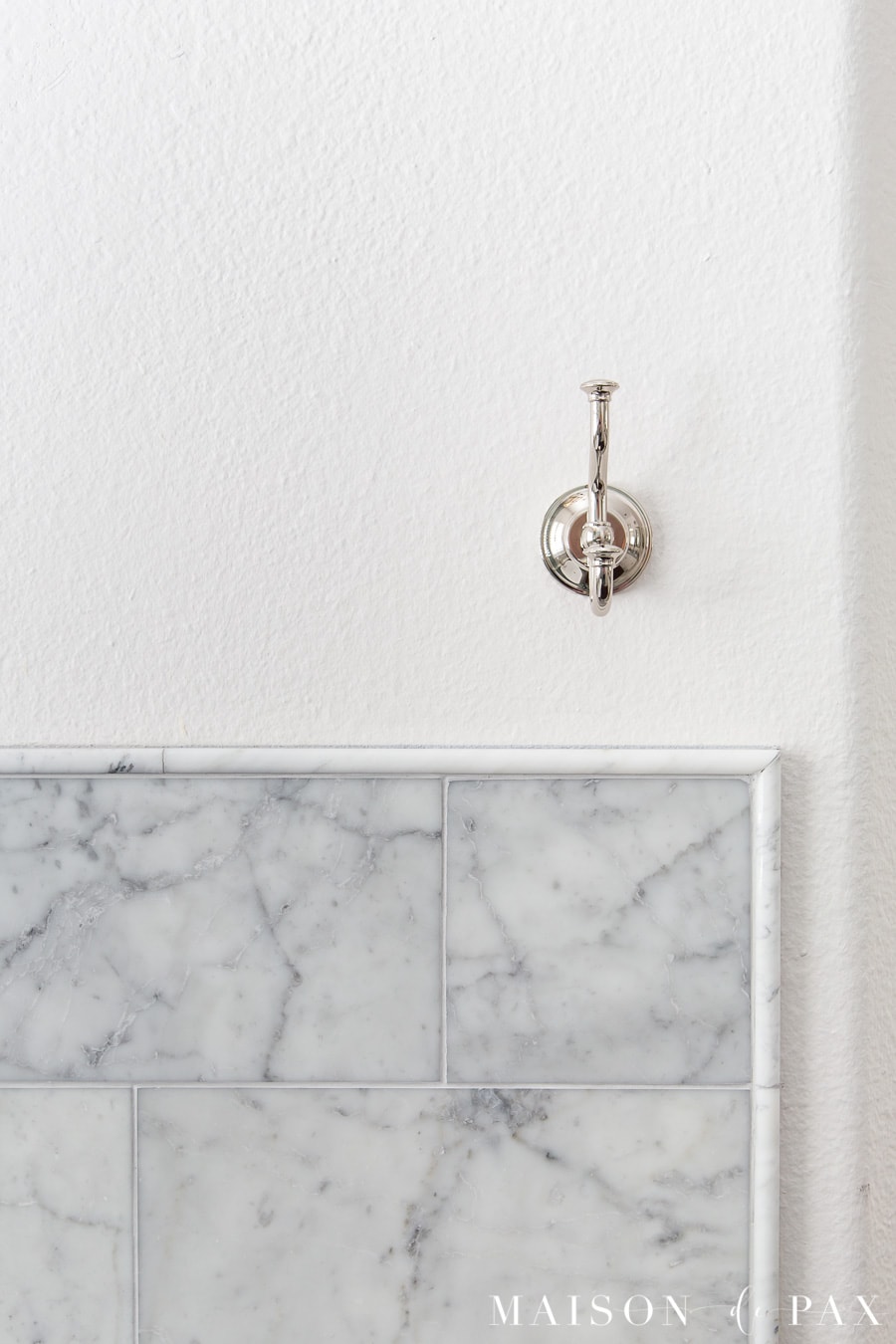 polished nickel towel hook with honed carrara marble and pencil edge | Maison de Pax
