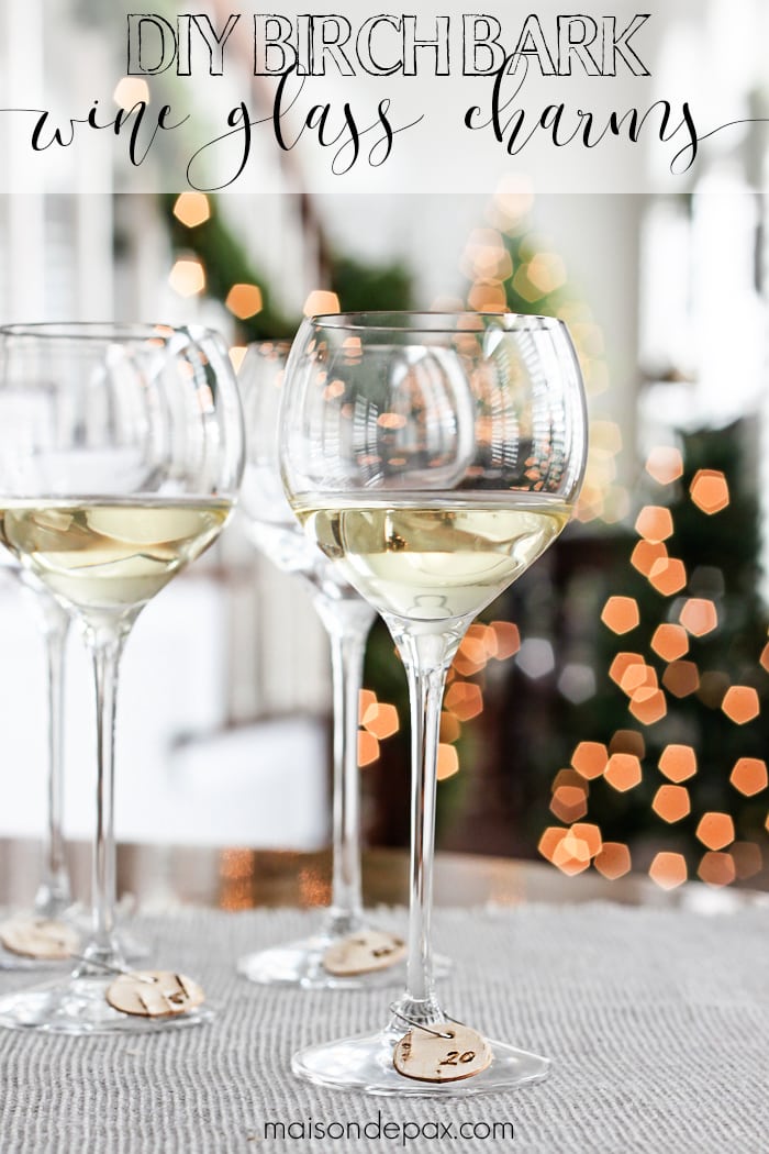 DIY Birch Bark Wine Charms: Entertaining for the holidays? These little numbered birch bark wine charms are the perfect accessory for your party so your guests can keep track of their glasses!