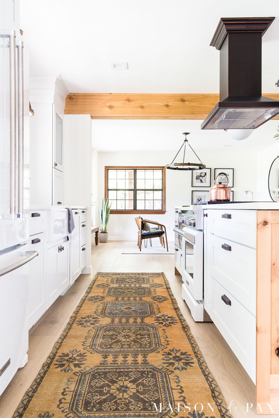 vintage turkish runner in kitchen with big island | Maison de Pax