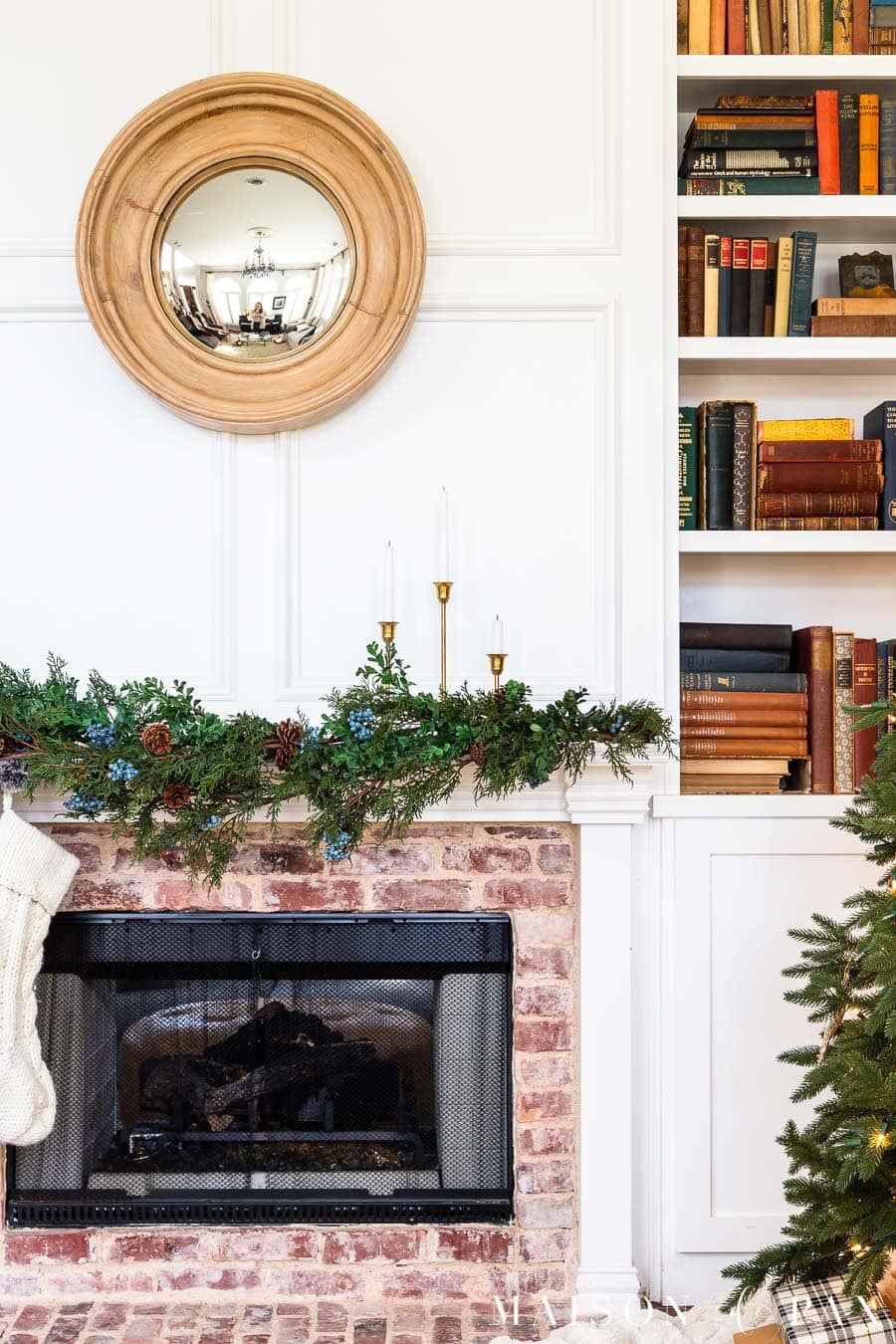 fireplace with garland and stockings