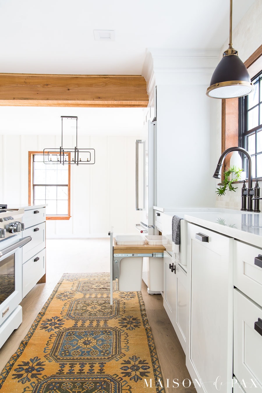 double trash pull out kitchen cabinets modern farmhouse | Maison de Pax