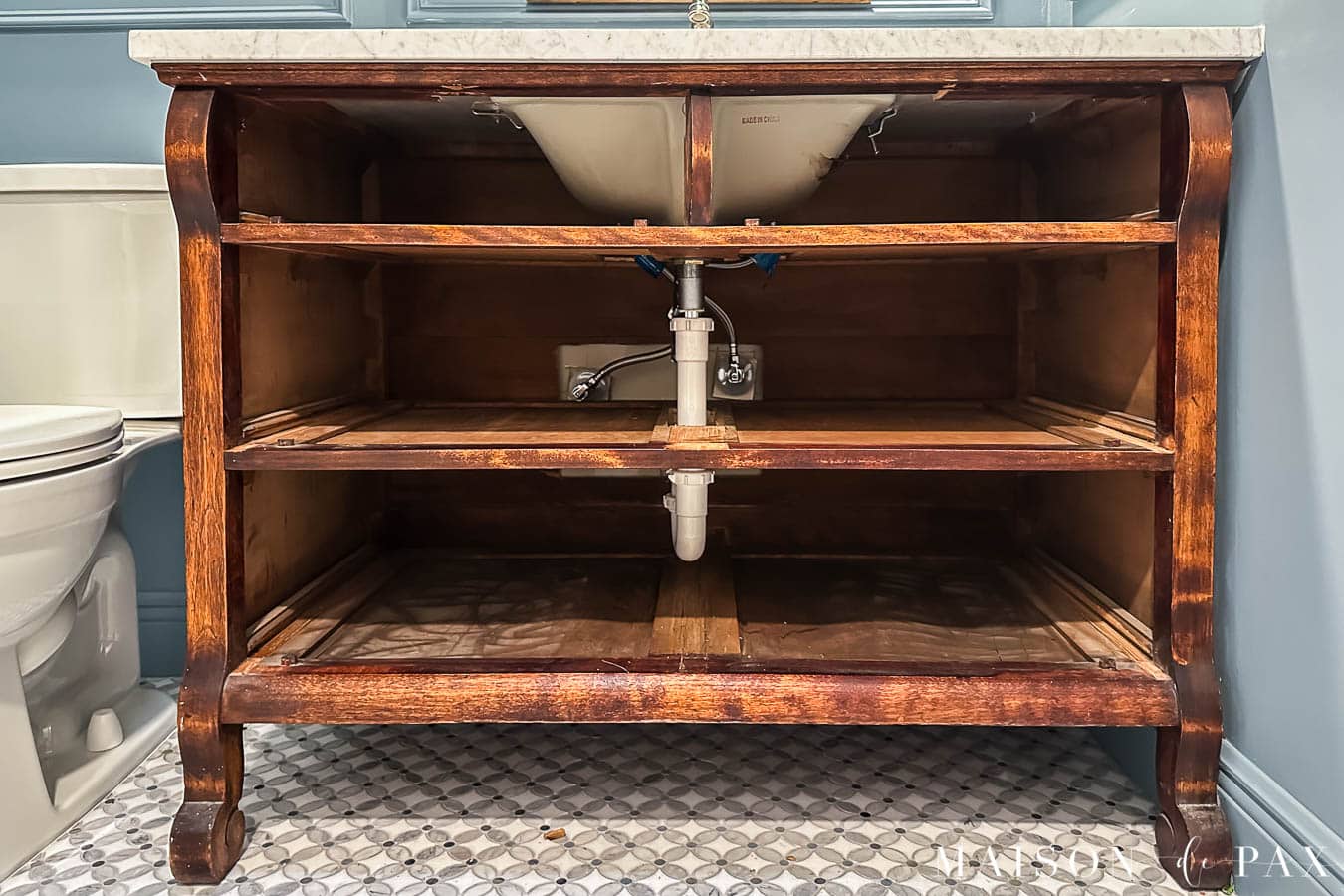 attach plumbing to convert dresser to bathroom vanity