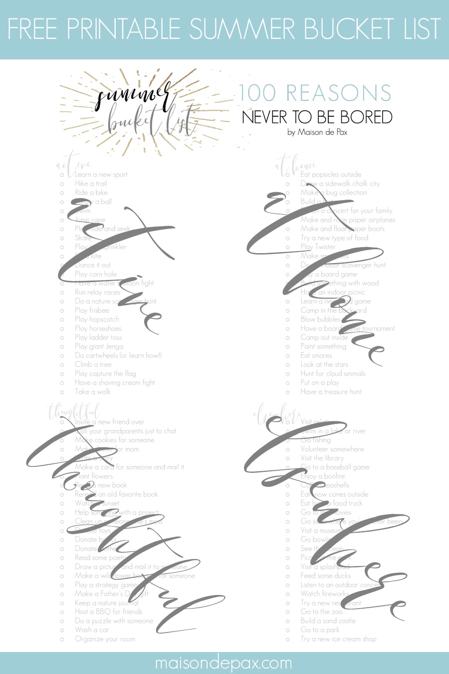 free printable summer bucket list with 100 ideas for an active, thoughtful summer | Maison de Pax