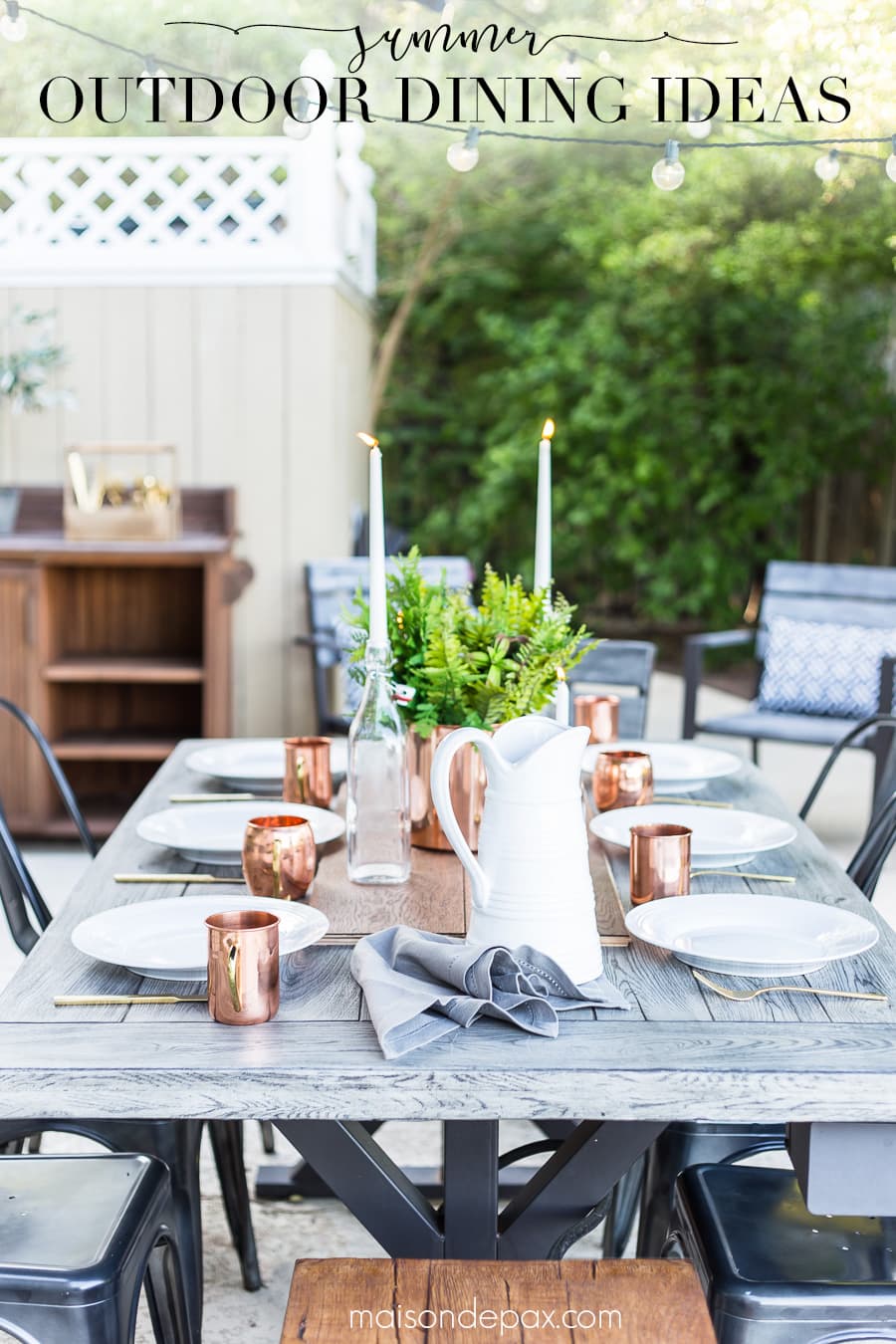 Get simple tips for creating a simple, casually elegant summer dining table! #outdoordining #outdoorentertaining #summerentertaining #summerdining