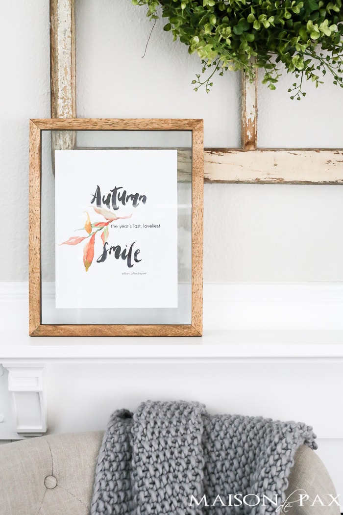 Want easy fall decor? Try this FREE fall printable with a beautiful watercolor of an autumn quote and leaves. Click here to download the printable and print on any color printer.