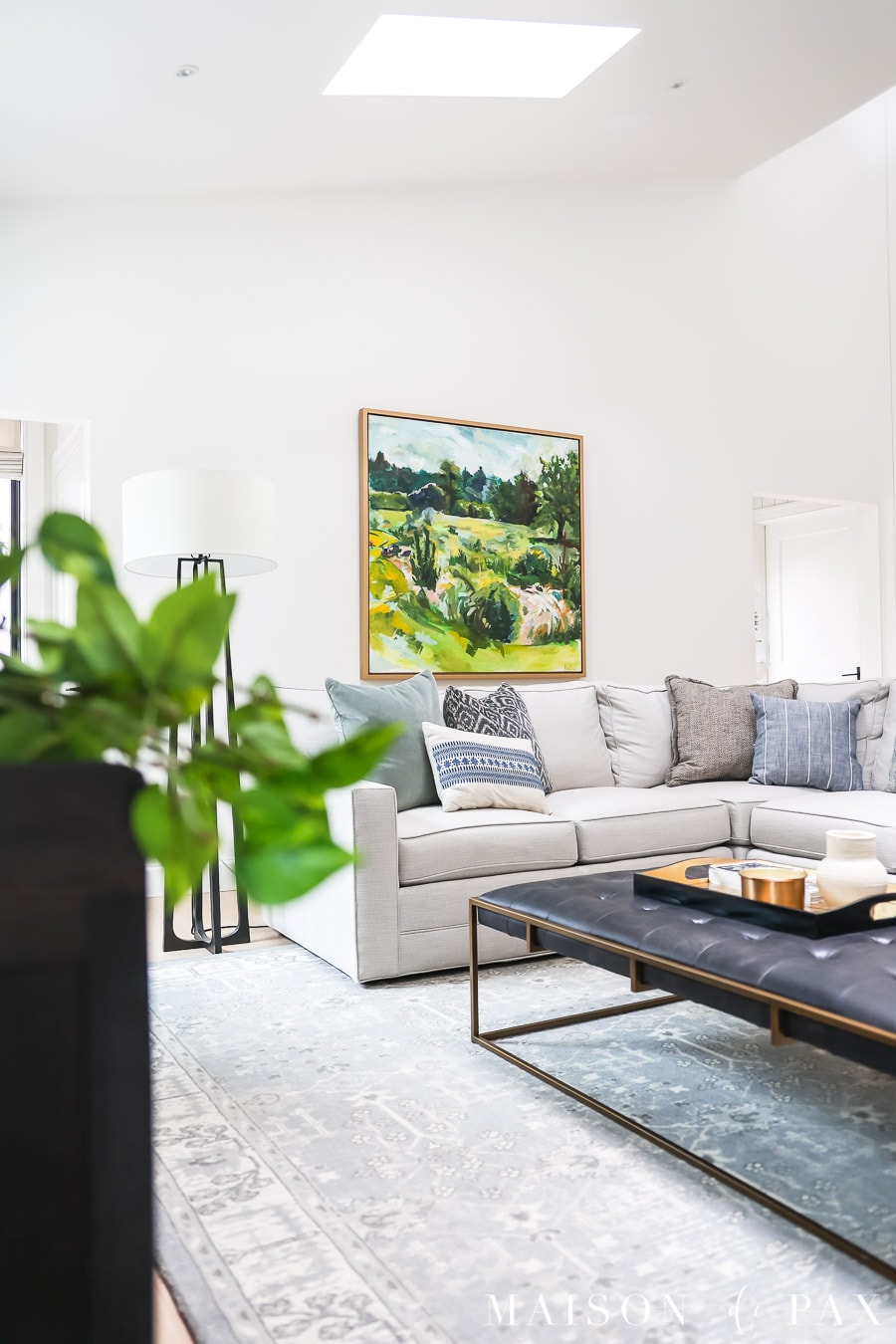 sw pure white walls in living room with skylight
