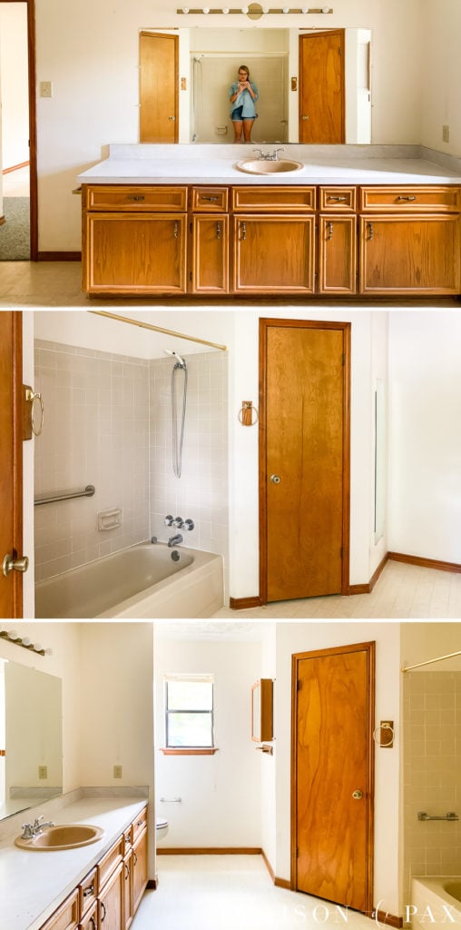 80s bathroom before with orange oak cabinets