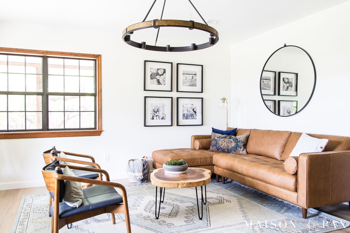 vintage geometric light blue rug modern farmhouse living room | Maison de Pax