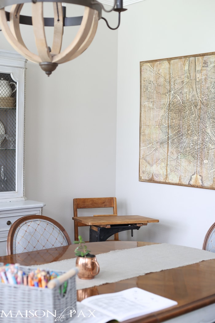 Tips for Organizing a Homework Space: bring a vintage school desk into the dining room for a homework station