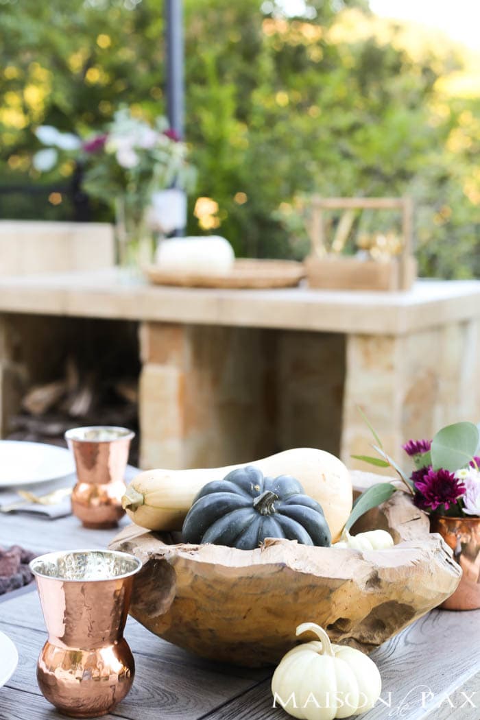 gather gourds in a bowl as a Thanksgiving centerpiece
