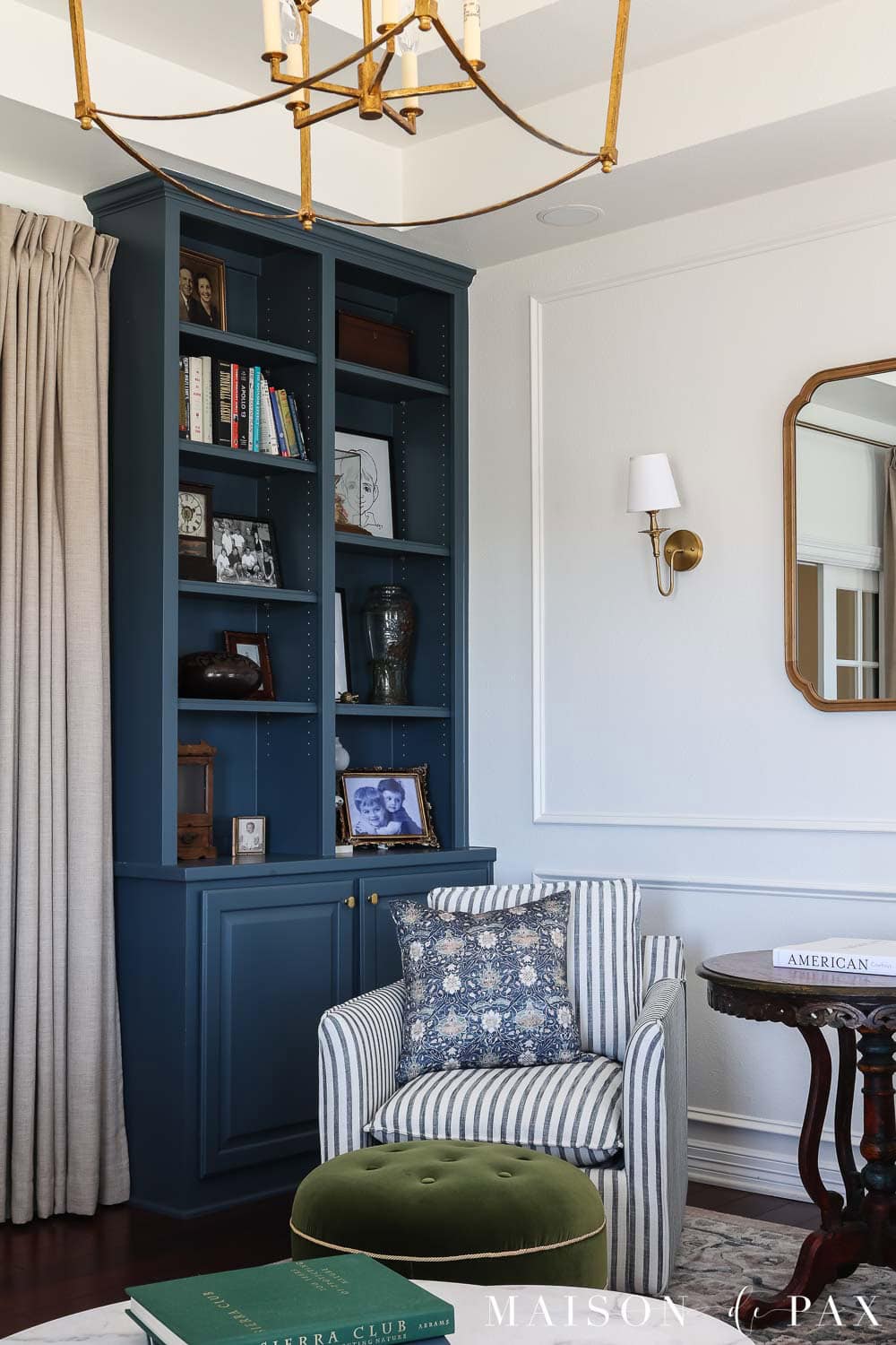 Dark blue painted cabinetry in small living room - SW Rain Cloud
