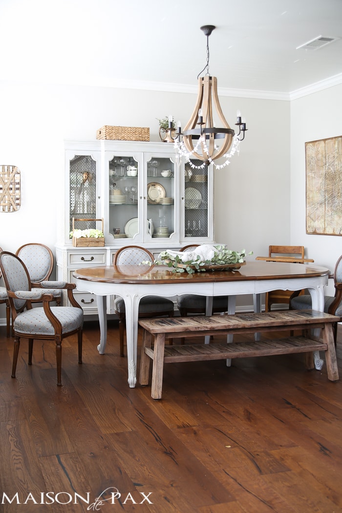 Ideas for Easter Decorating: gorgeous neutral dining room with rustic touches and a wine barrel chandelier | aiweb9ygdry.cmersite.com