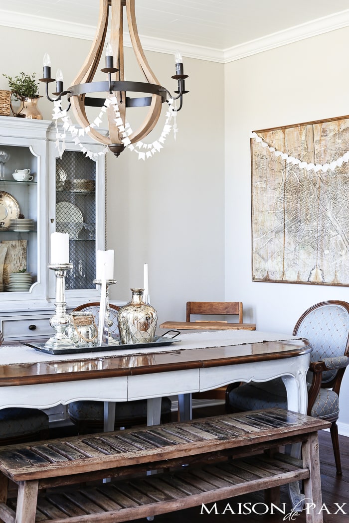 simple white paper heart chain is a sweet touch in the dining room for Valentine's Day