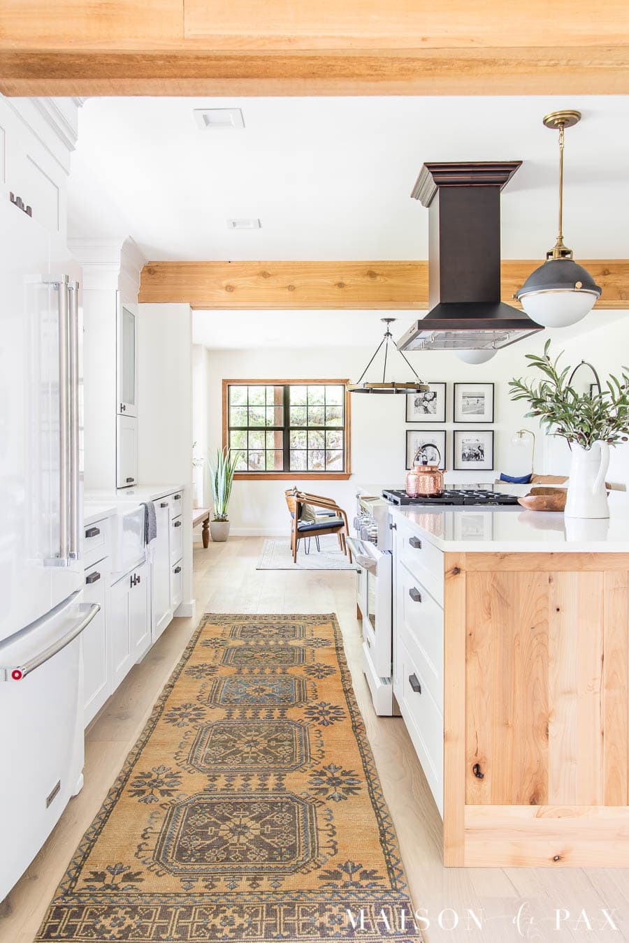vintage turkish runner in kitchen open to living room | Maison de Pax