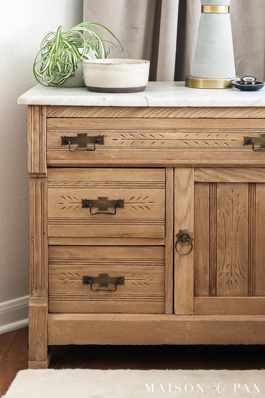 natural oak antique nighstand with marble top