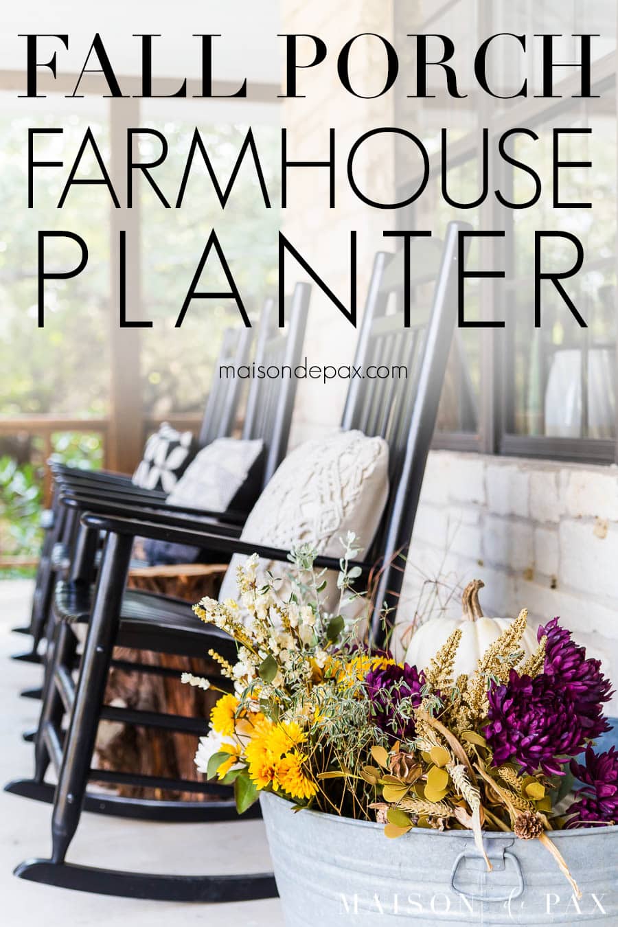 colorful flowers in planter by black rocking chairs on farmhouse porch | Maison de Pax