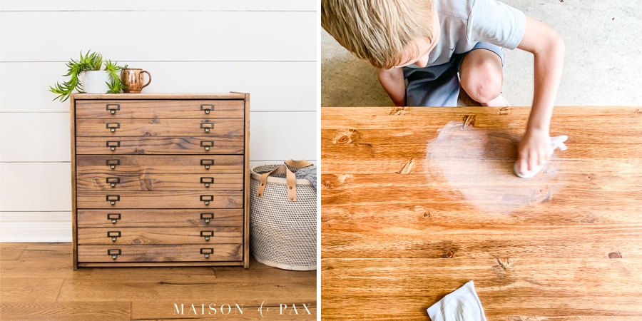antique printers dresser and boy waxing stained wood | Maison de Pax