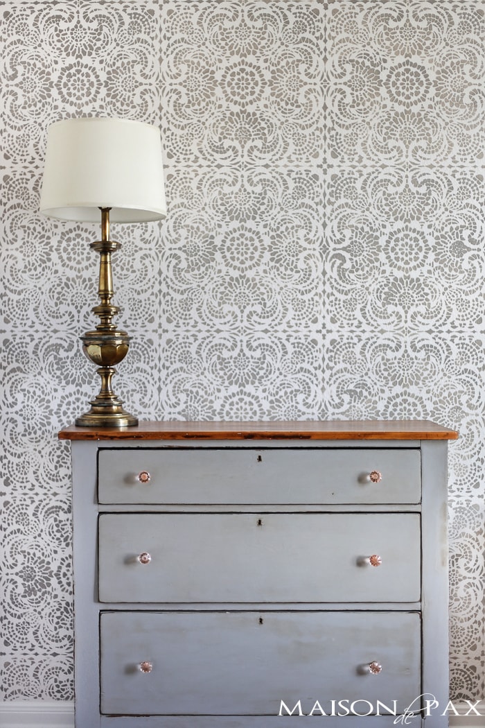 gorgeous gray and white lace tile stencil: Esperanza Lace from Royal Design Studio with a mix of Paris Gray and French Linen over Behr's Cameo White | aiweb9ygdry.cmersite.com