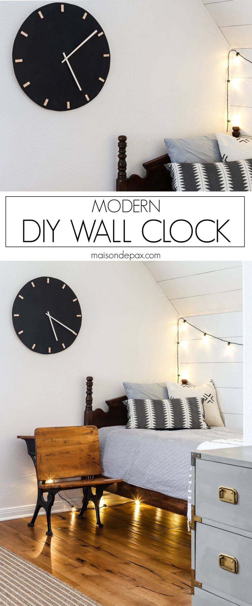 Looking for fun, dramatic, rustic modern wall art?  Learn how to make this DIY black and wood giant wall clock for cheap! #wallart #diywallart #diyclock #wallclock #giantclock #modernfarmhouse #neutraldecor #kidsroom #boyroom #modernfarmhouse #blackandwhiteinteriors