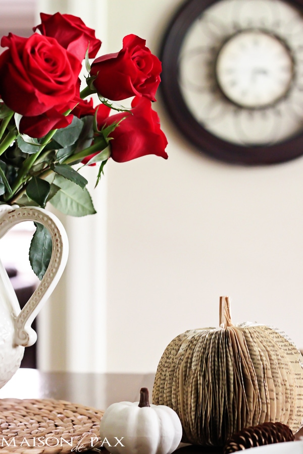 Vase of red roses and paper pumpkin- Maison de Pax