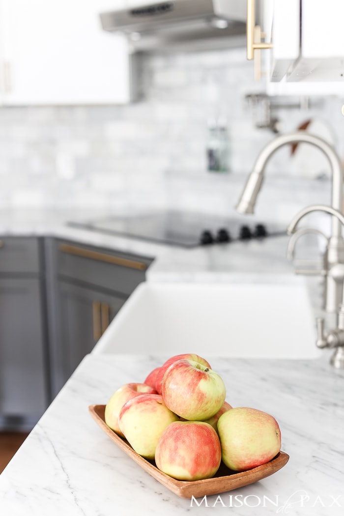marble kitchen countertops with apples- Maison de Pax