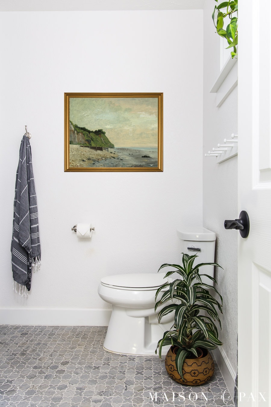 white bathroom with gray marble tile floor