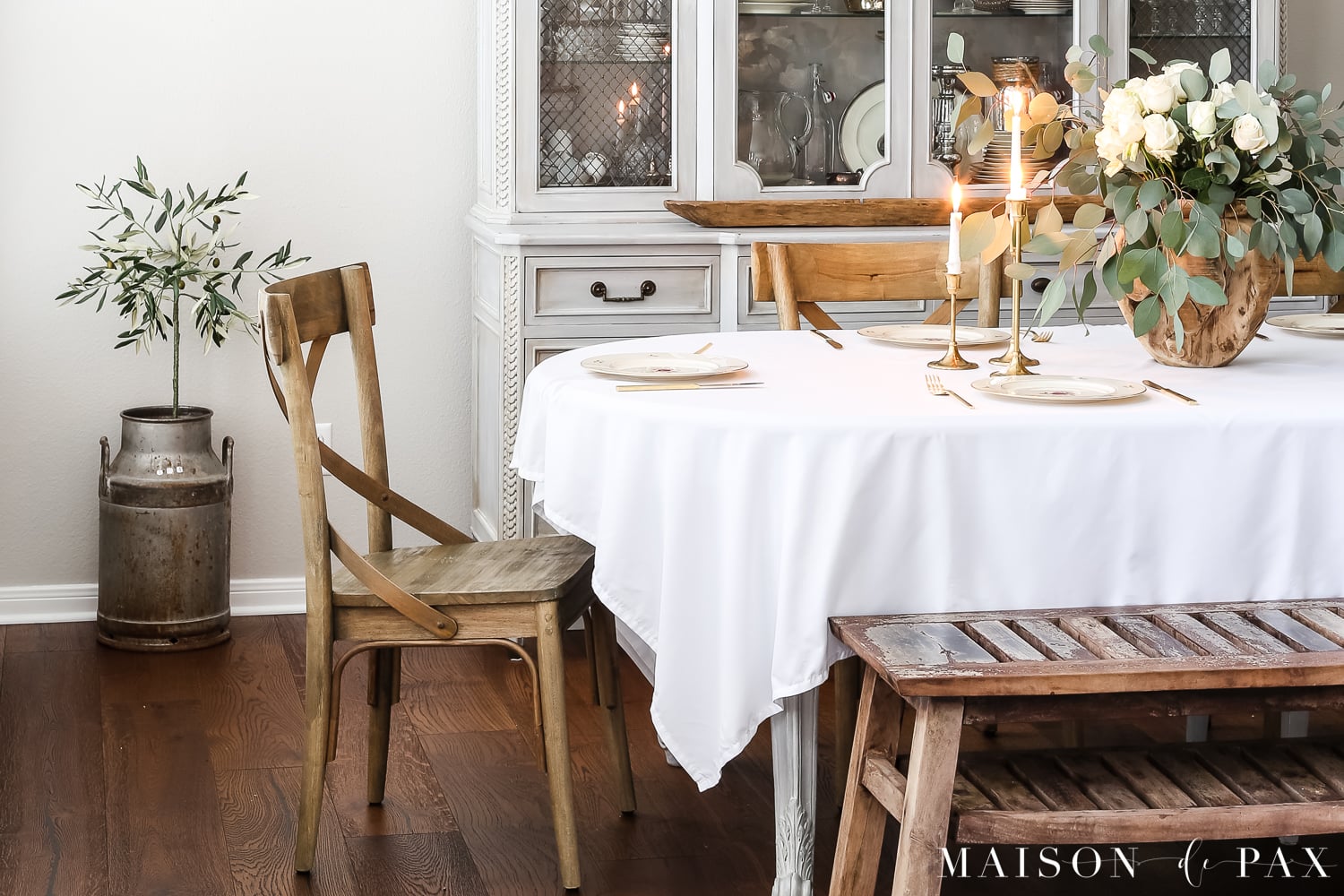 faux olive tree in dining room- Maison de Pax