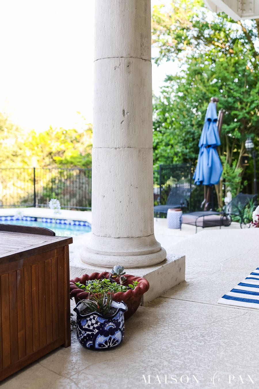 blue and white talavera pottery on back porch