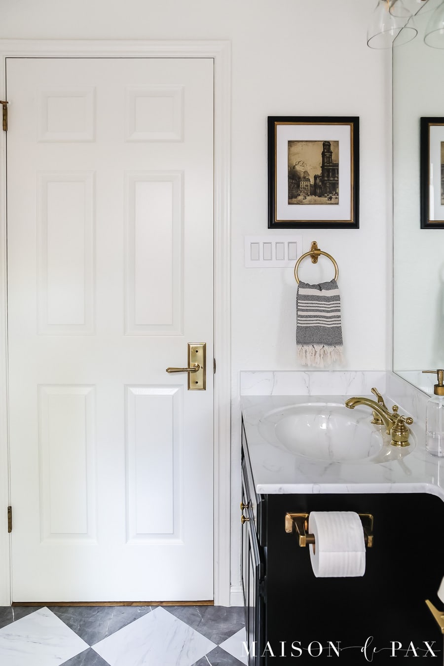 black and white tile floors in bathroom - DIY budget bathroom makeover