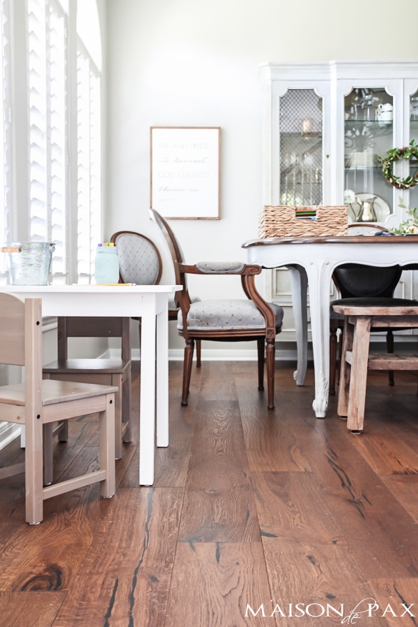 Kid craft table makeover: perfectly kid sized but stylish enough for the dining room; painted in Behr Ivory Keys | aiweb9ygdry.cmersite.com