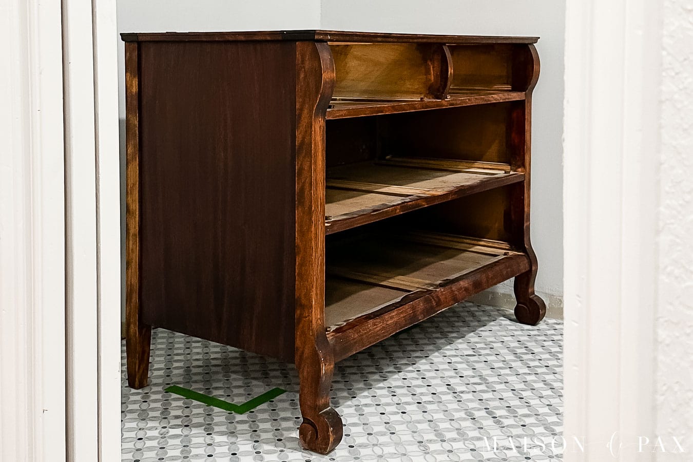 dresser with drawers removed for conversion to vanity