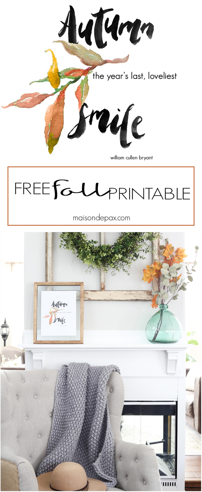 Want easy fall decor? Try this FREE fall printable with a beautiful watercolor of an autumn quote and leaves. Click here to download the printable and print on any color printer.