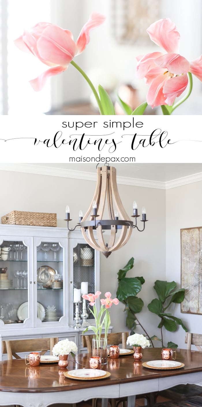 What a lovely, simple Valentines Day table! This pretty, simple tablescape would be perfect for any brunch, tea, or even snack to celebrate your loved ones...