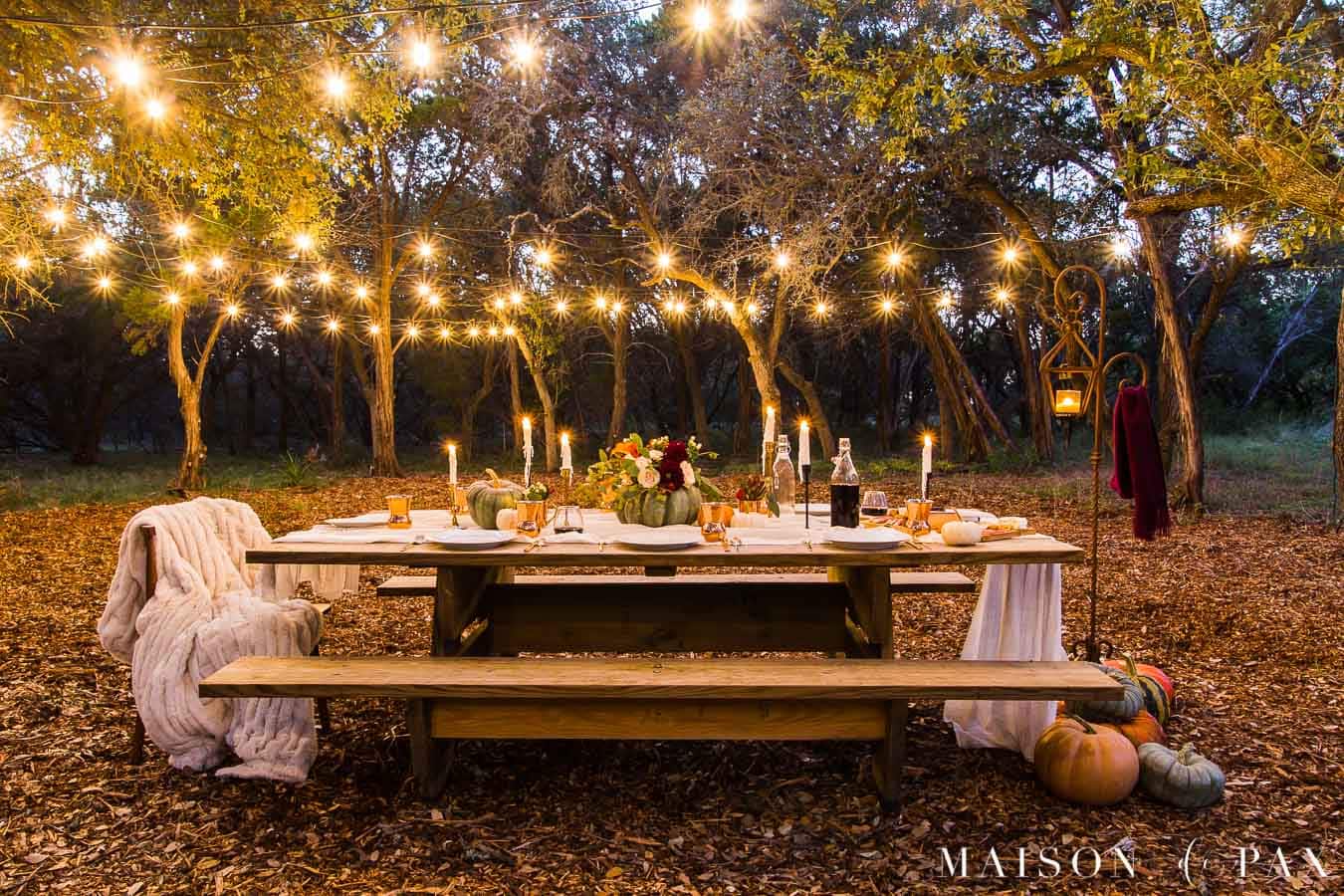 string lights over picnic table in wooded area set for Friendsgiving | Maison de Pax