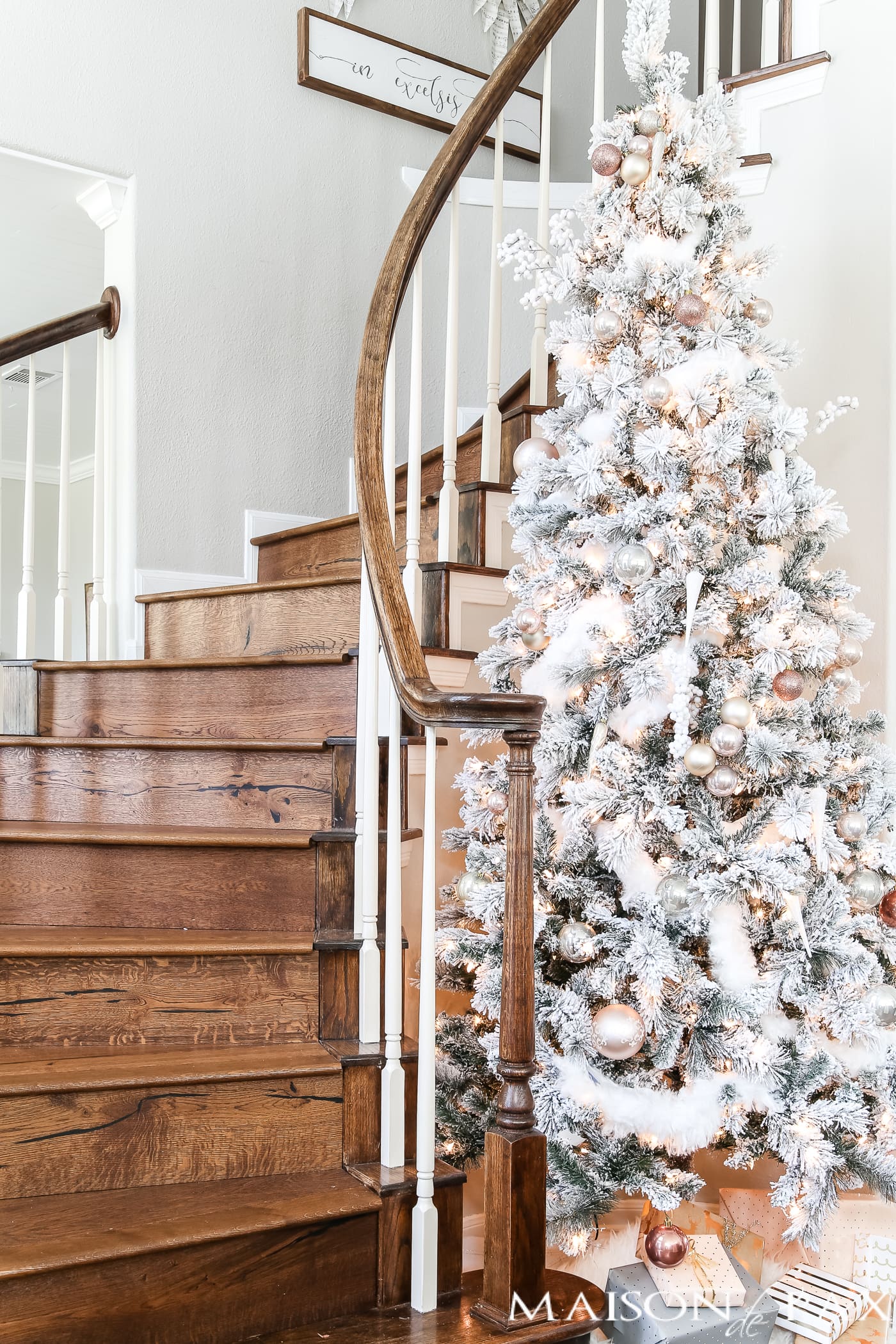 tall flocked tree with blush and copper ornaments #blushtree