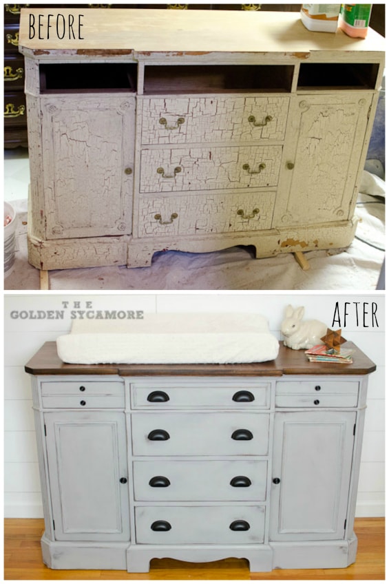 vintage dresser before and after painted gray with wood top
