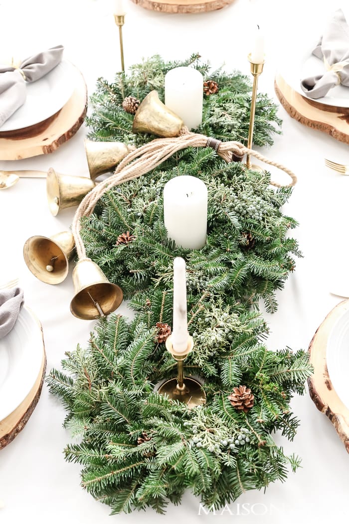three mini wreaths and candles for a natural holiday centerpice - Maison de Pax