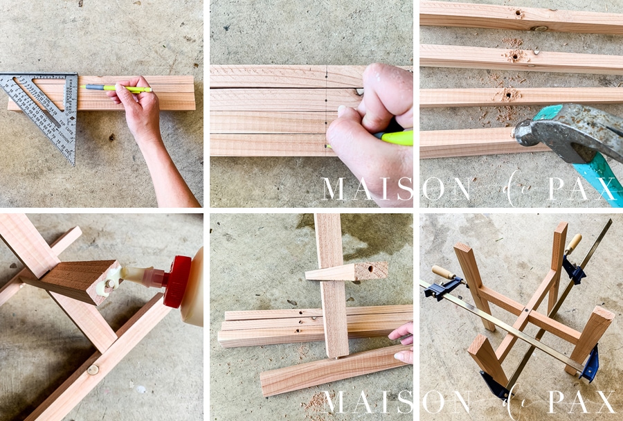 attach legs to base of cedar plant stand using dowel pins and wood glue