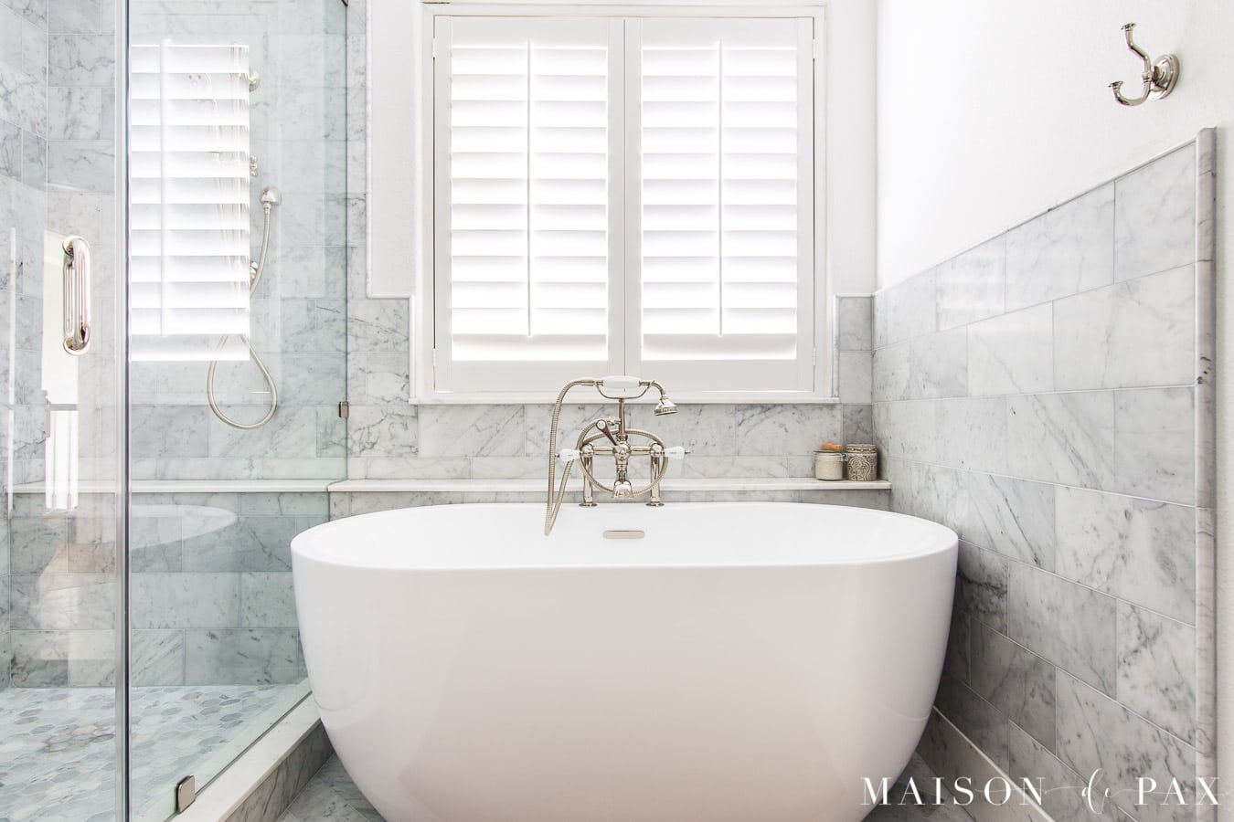freestanding tub with Carrara marble tile surround | Maison de Pax