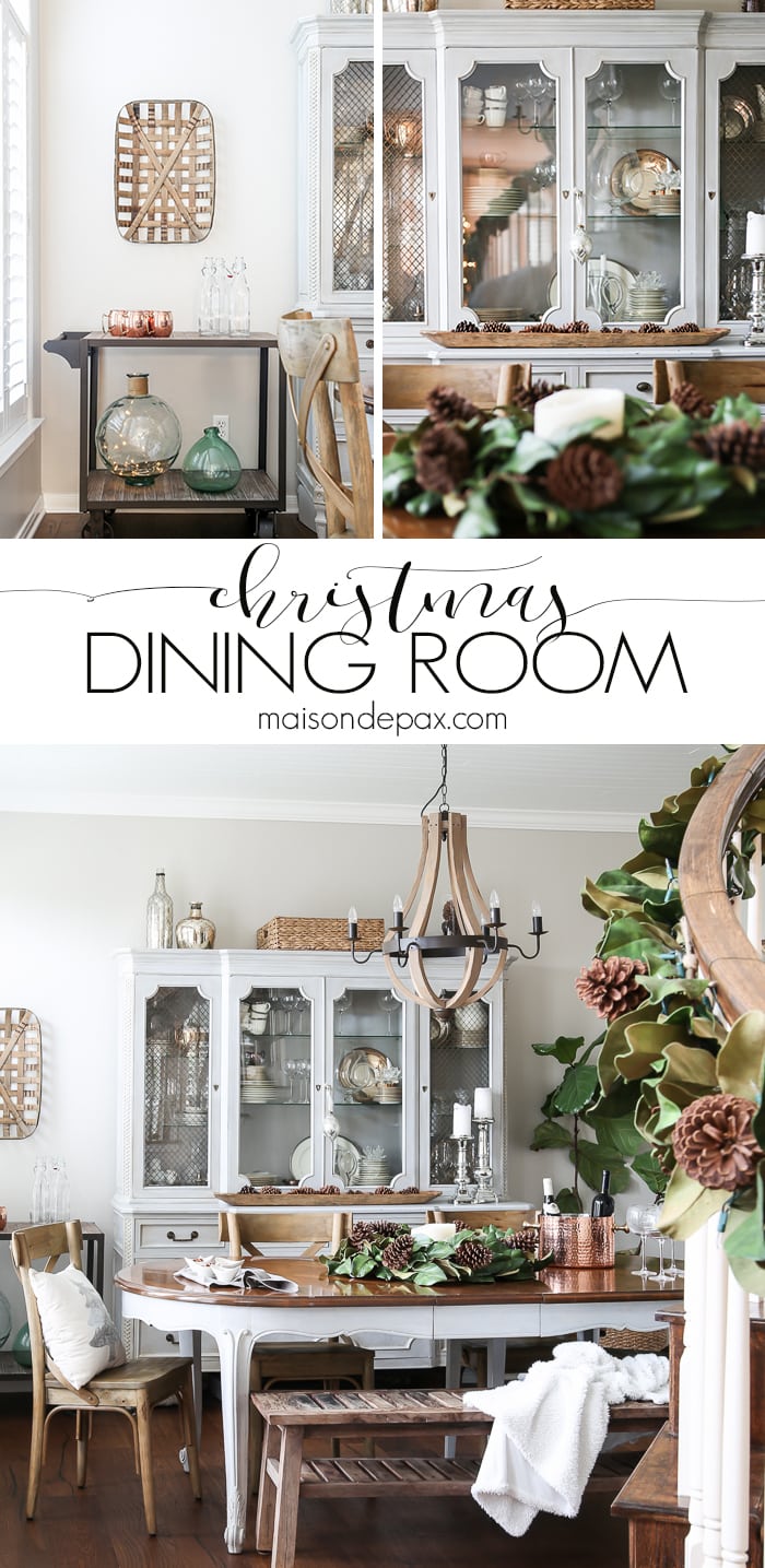 simple greenery and mercury glass makes this French farmhouse style dining room all set for Christmas!