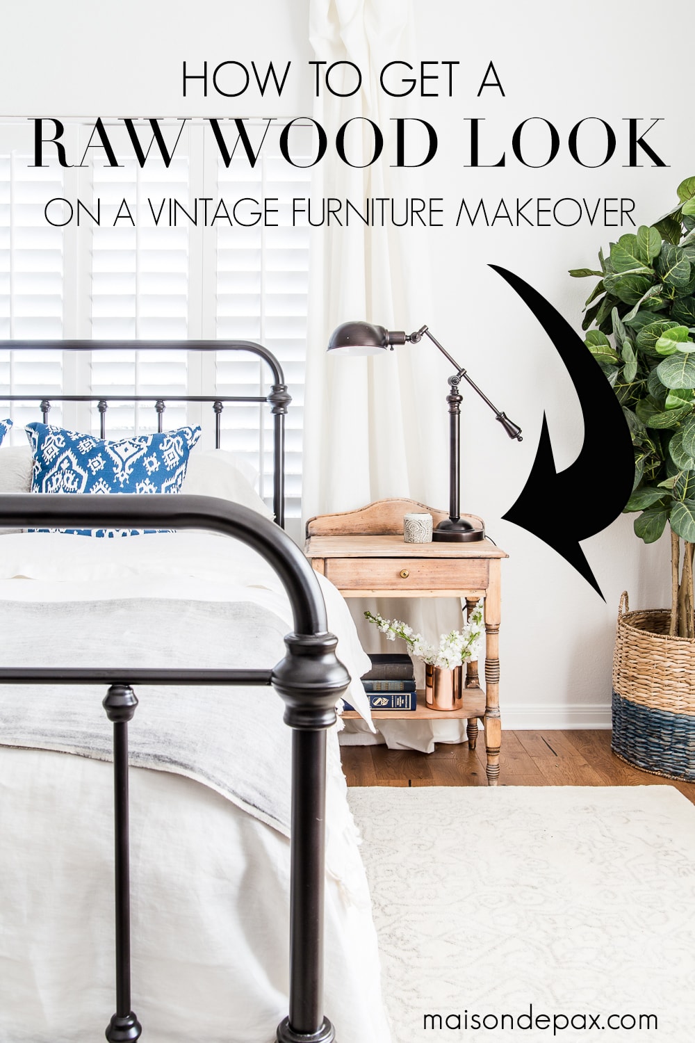 Trying to update your vintage, antique, or dated furniture?  Find out how to get a raw wood look for a fresh, modern vibe.  Learn how to do this rustic modern furniture makeover in just three easy steps! #diyfurnituremakeover #furnituremakeover #rawwood #naturalwood #waxfinish #diyproject #rusticmodern #vintagemakeover #naturalwoodfinish #rawwoodfinish #rawwoodlook