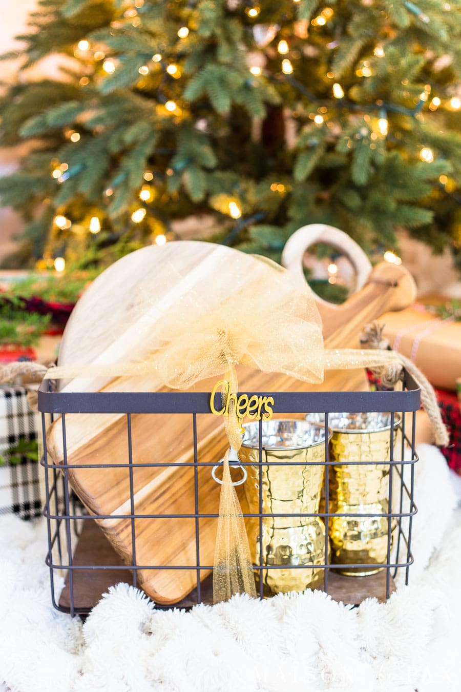 wrapped gold and wood gift basket | Maison de Pax