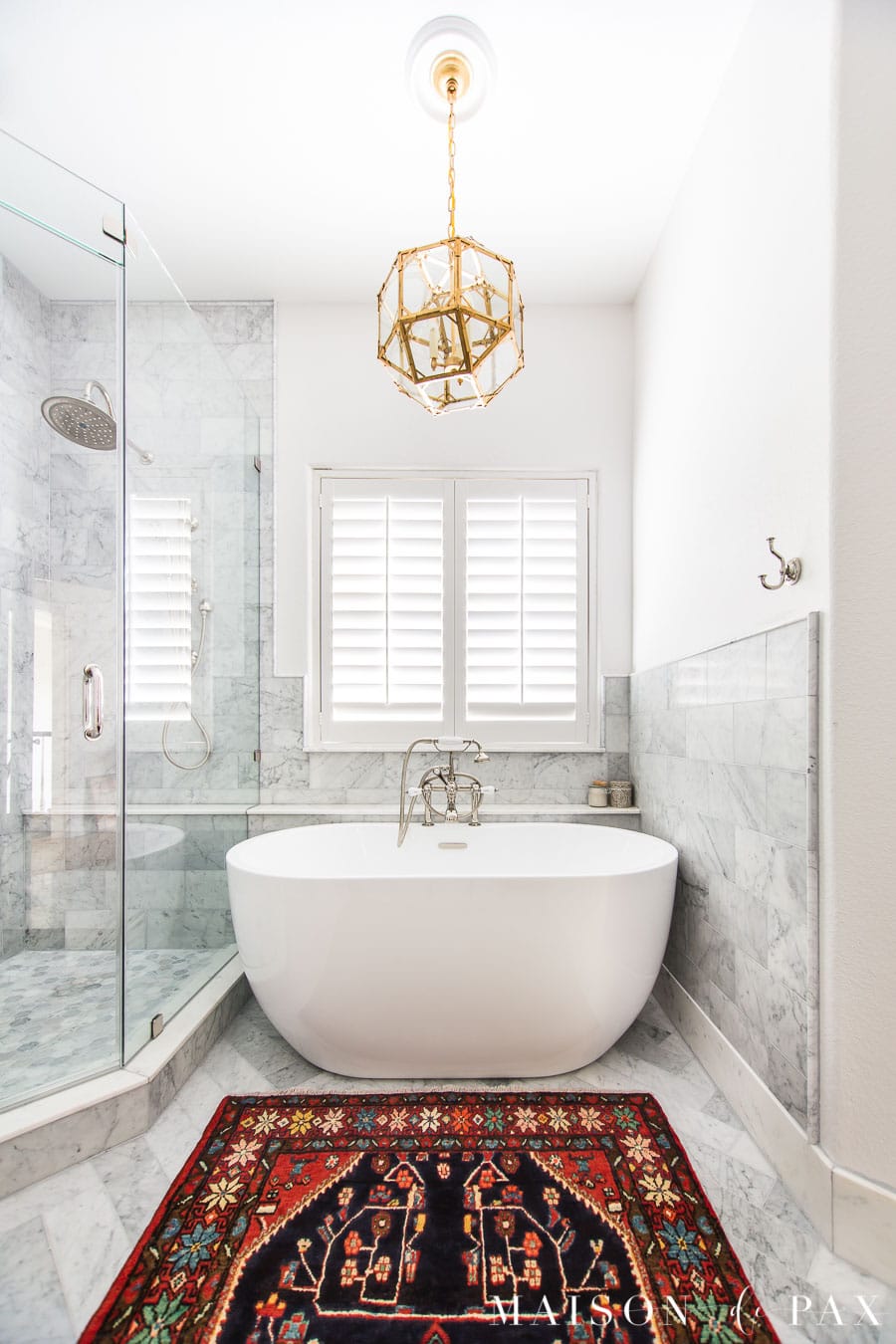 marble bathroom design freestanding tub glass shower vintage rug-28