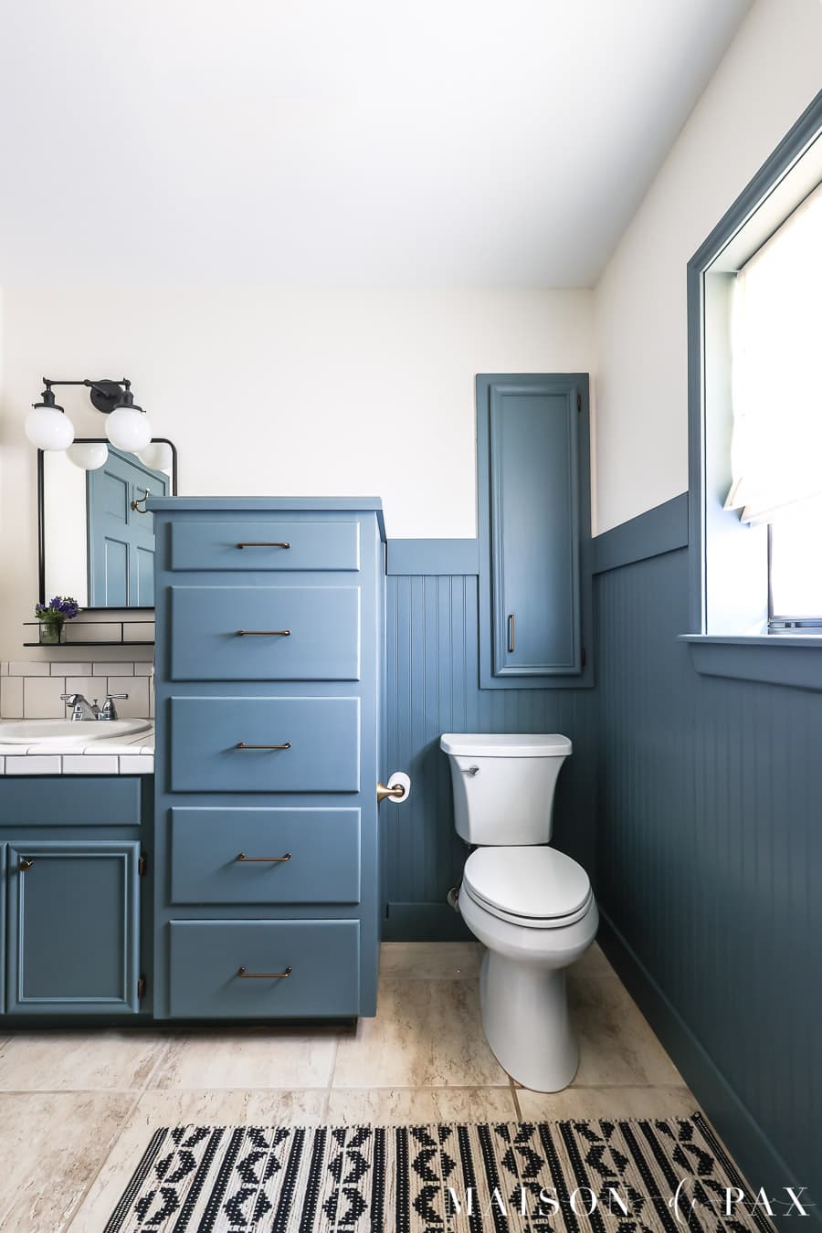 charming bathroom with blue beadboard wainscoting
