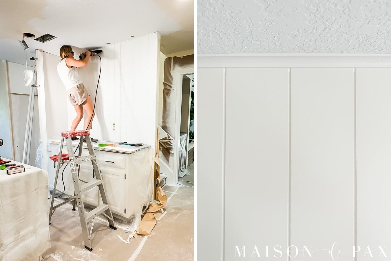 how to install cove molding along ceiling over vertical plank wall