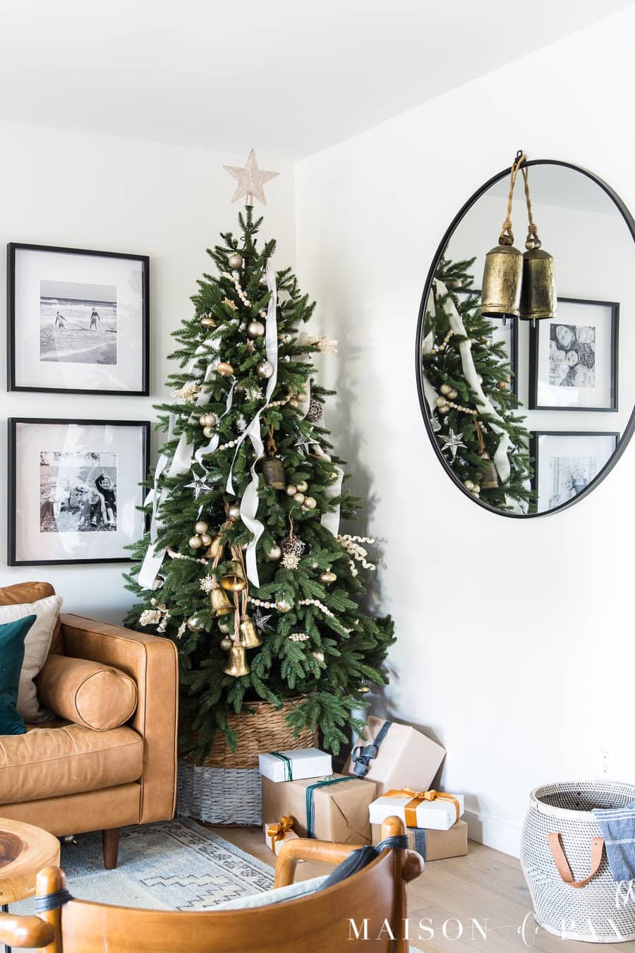 green tree with simple white and gold decorations | Maison de Pax